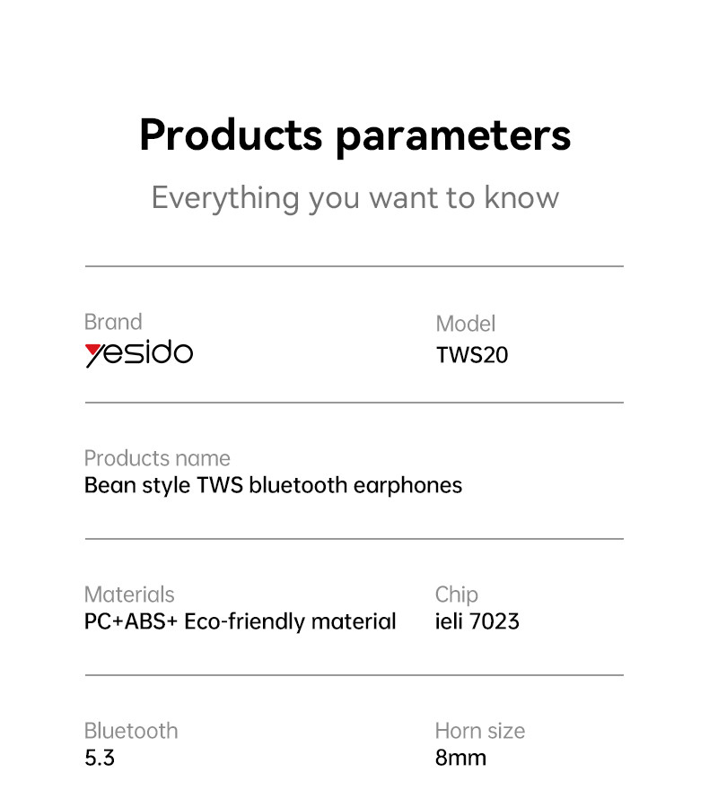 TWS20 TWS True Wireless Earphone Parameter