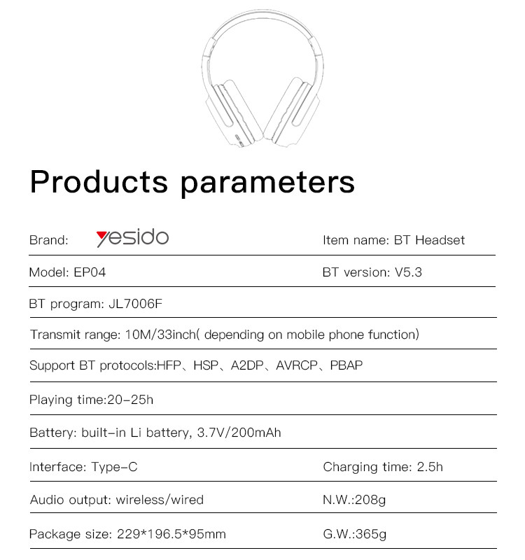 EP04 Wireless Studio Headphone Parameter