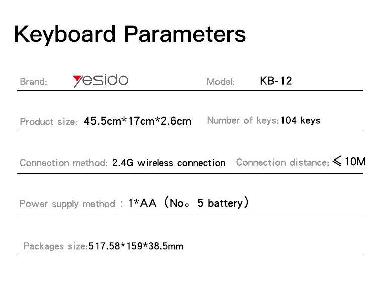 KB12 2.4G Wireless Keyboard & Mouse Set Parameter