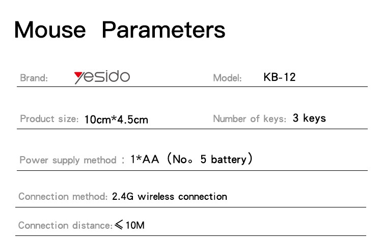 KB12 2.4G Wireless Keyboard & Mouse Set Parameter