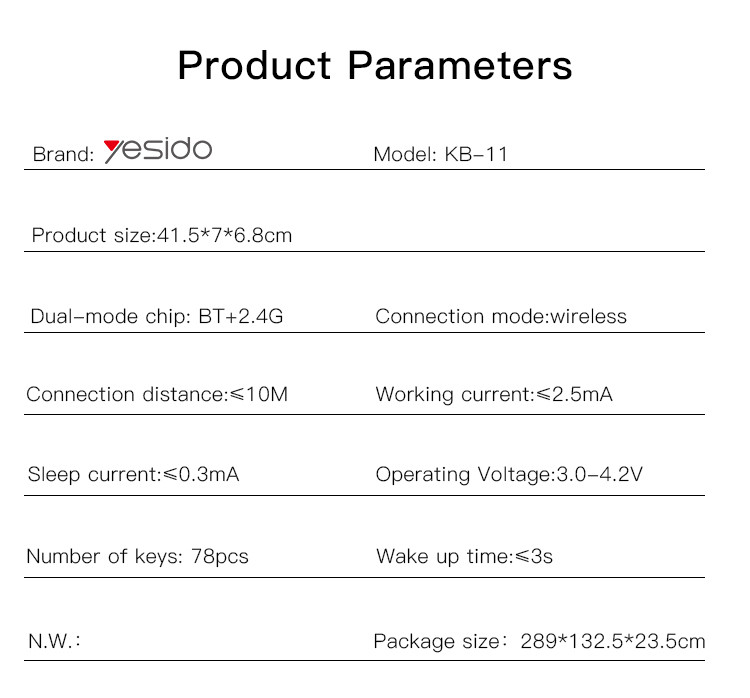 KB11 2.4G Wireless Keyboard Parameter