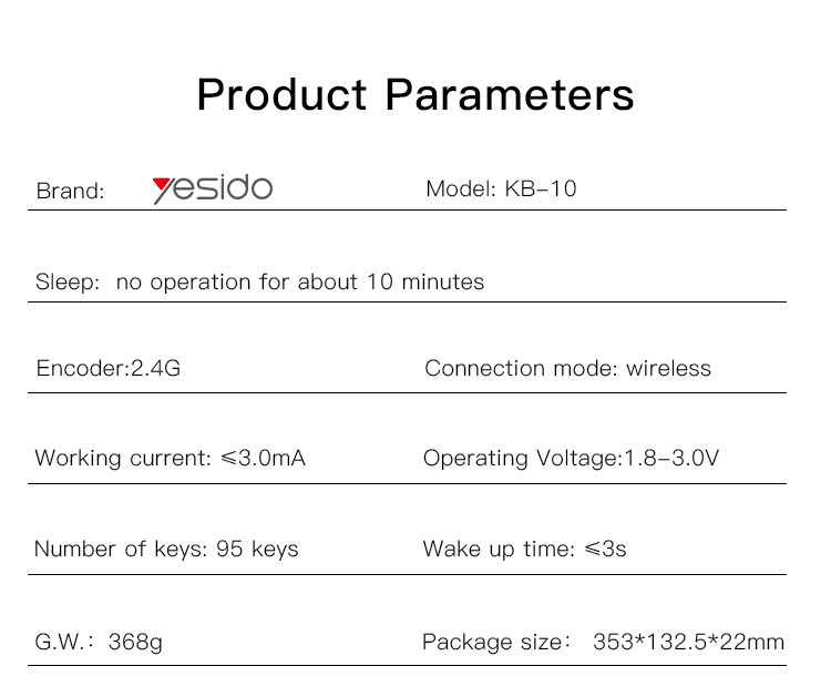 KB10 2.4G Wireless Keyboard Parameter