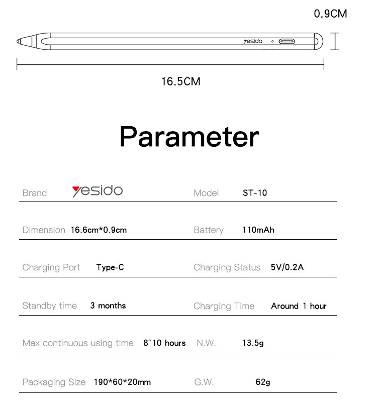 ST10 Type-C Port Active Stylus Pen Parameter