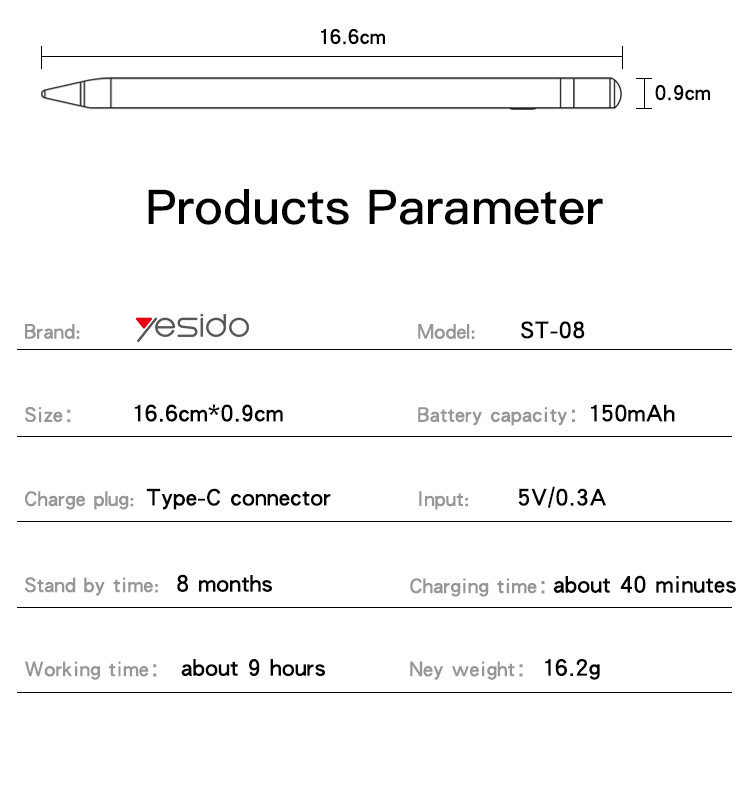 ST08 Type-C Plug Active Stylus Pen Parameter