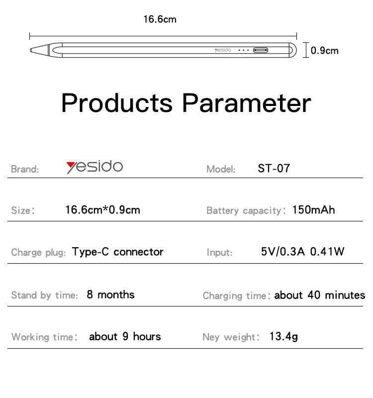 ST07 Type-C Plug Active Stylus Pen Parameter