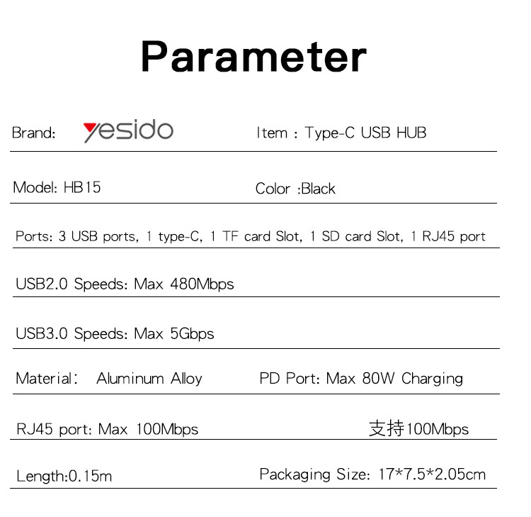 HB15 6 in 1 Type-C to USB Hub Adapter Parameter