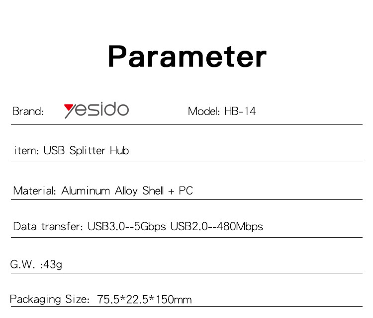 HB14 3 in 1 USB to 3 USB Hub Adapter Parameter