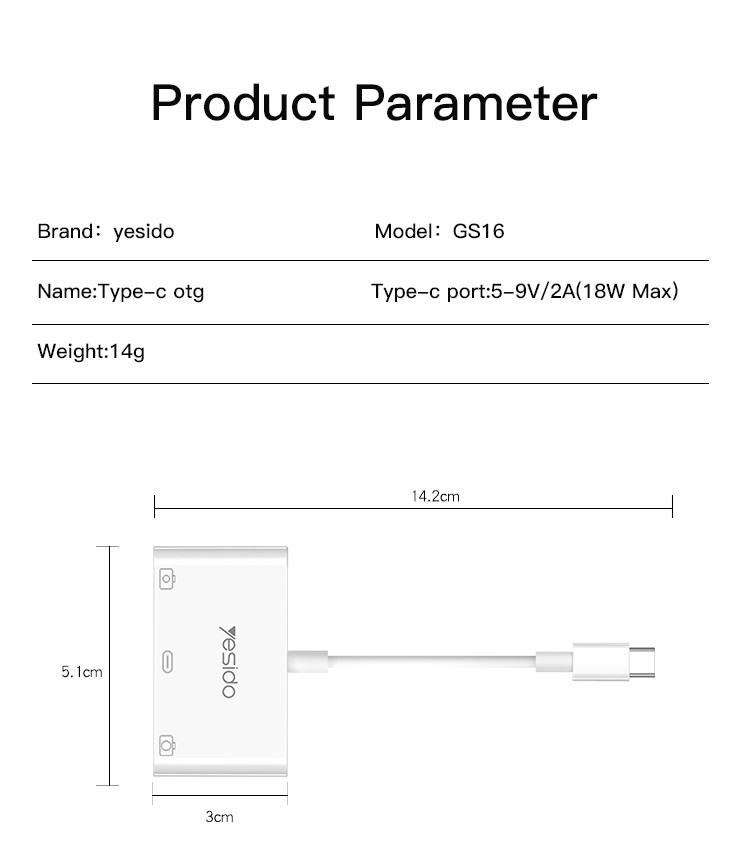 Yesido GS16 Type-C OTG Adapter Parameter