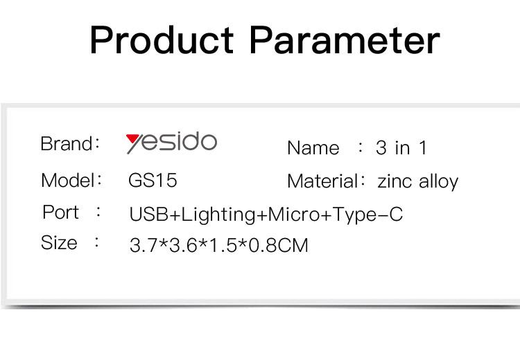 GS15 3 IN 1 USB To Type-C Micro Lightning OTG Adapter Parameter