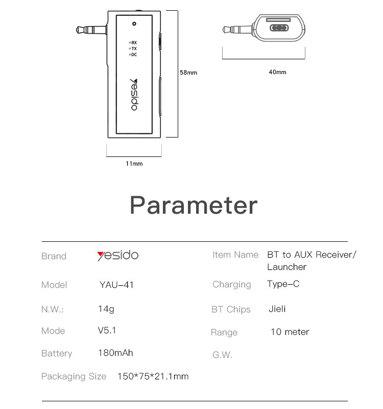 YAU41 Bluetooth Launcher /Receiver Two Mode Adapter Parameter