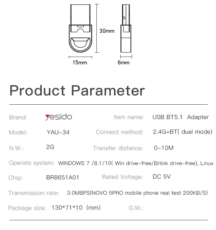 YAU34 Mini USB Bluetooth Adapter Receiver Parameter