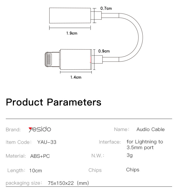 YAU33 Lightning To 3.5mm Audio Adapter Parameter