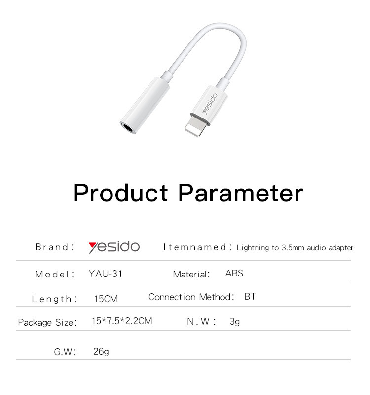 YAU31 Lightning To 3.5 mm Audio Adapter Parameter
