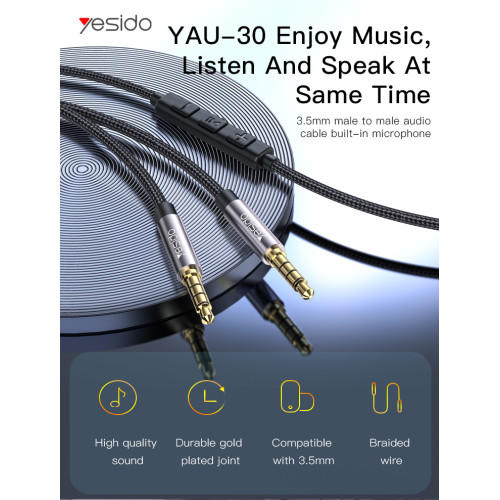 YAU30 Wholesale Nylon Braided Splitter 3.5mm Plug With Volume Control Aux Audio Cable