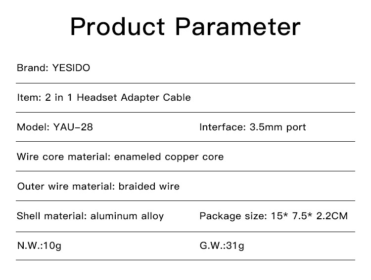 YAU28 3.5mm 2 in 1 Headset Adapter Cable Parameter