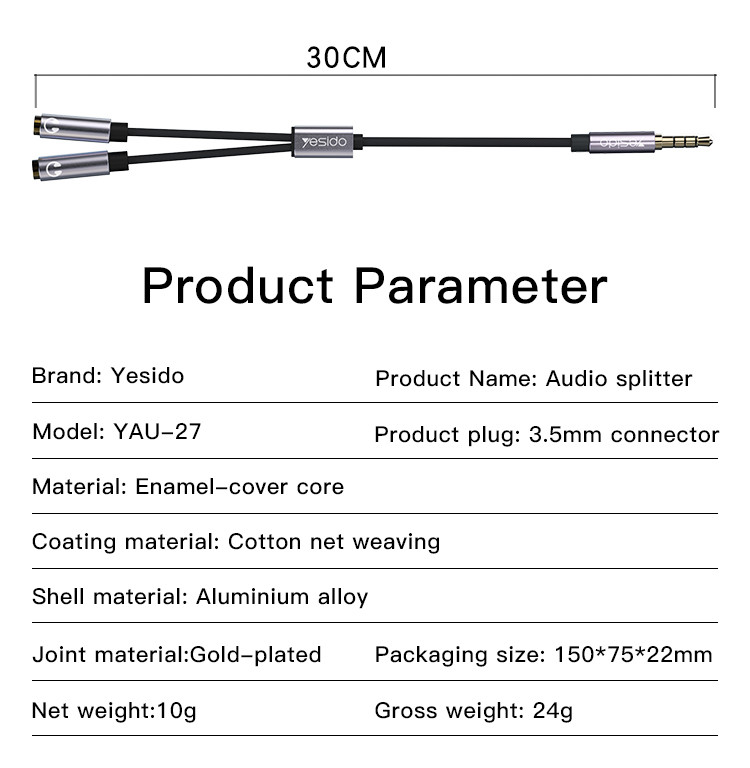 YAU27 3.5mm Male To Female Adapter Audio Cable Parameter