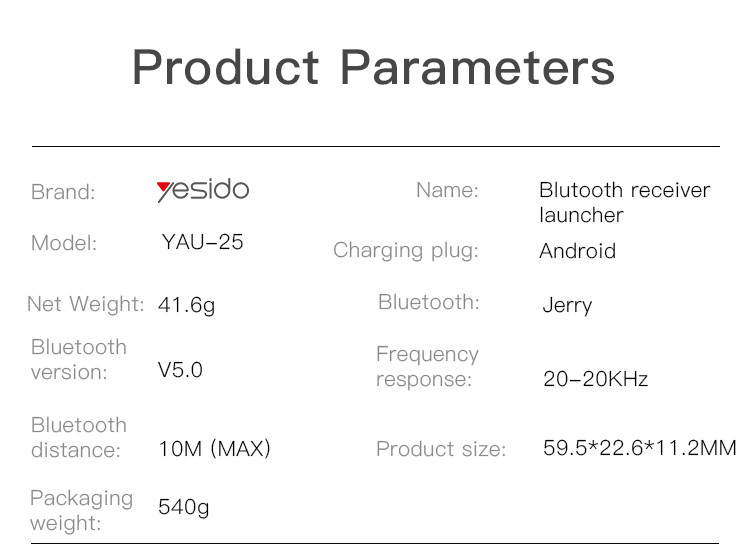 YAU25 Wireless Receiver To 3.5mm Bluetooth Transmitter Parameter