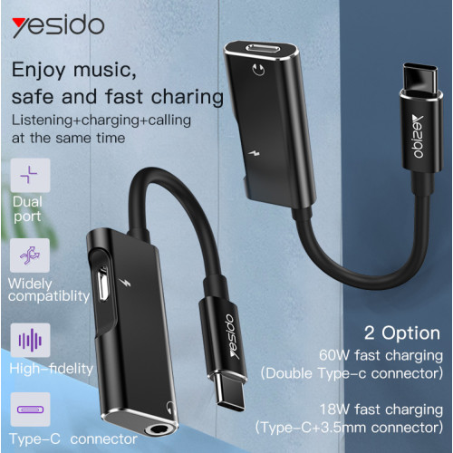 YAU23 2 In 1 Mobile Phone Jack Audio Splitter Converter Adapter Type-C To 3.5Mm Audio Adapter