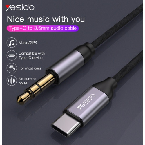 YAU20 Anti-noise Original Aluminum Alloy 1M Type-C to 3.5MM Aux Cord Headphone Audio Cable