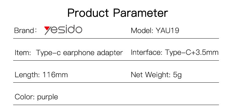 YAU19 Type-C to 3.5mm Port Audio Adapter Parameter