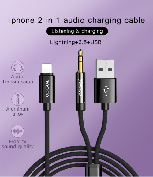 YAU18 Music Audio Adapter With USB Charging Splitter To 3.5mm Audio Cable Line For iPhone