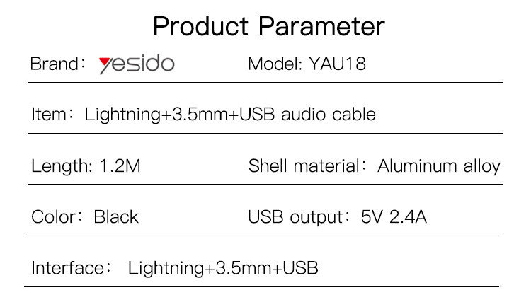YAU18 Lightning To 3.5mm/USB Audio Adapter Parameter