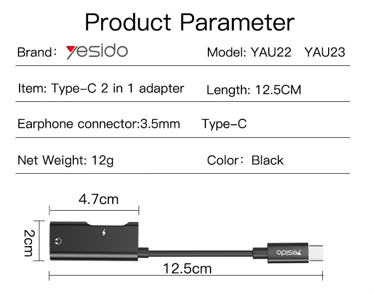 YAU22 2 in 1 TC To TC And 3.5mm Audio Adapter Parameter