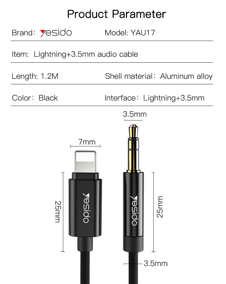 YAU17 Lightning To 3.5mm Audio Cable Parameter
