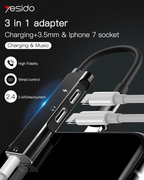 YAU13 Splitter Lightning To 3.5Mm Aux Audio Jack Charger Cable Splitter Adapter For Apple Iphone