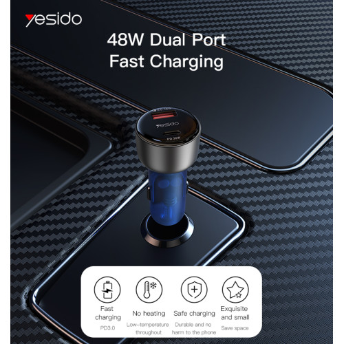 Y52 Car Charger | PD 30W Type-C + QC 18W USB 2Ports Fast Charging Car Charger