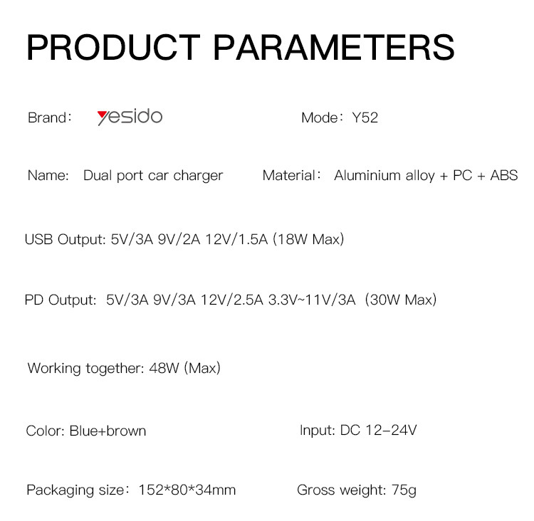 Y52 48W 2Ports Fast Charging Car Charger Parameter