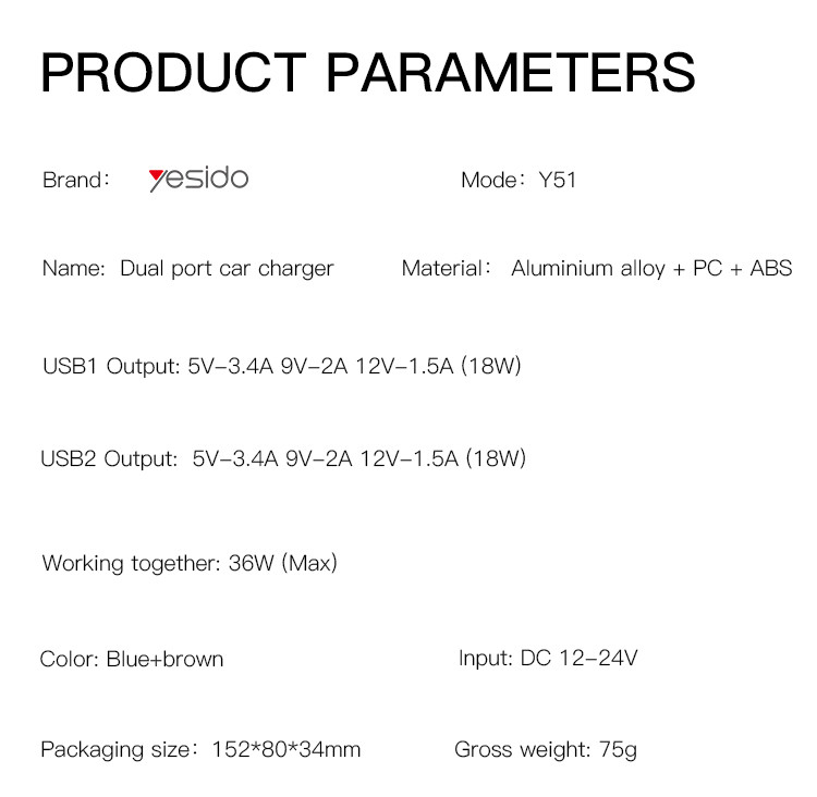 Y51 36W 2 Ports Fast Charging Car Charger Parameter