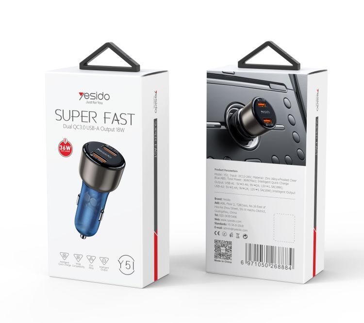 Y51 36W 2 Ports Fast Charging Car Charger Packaging
