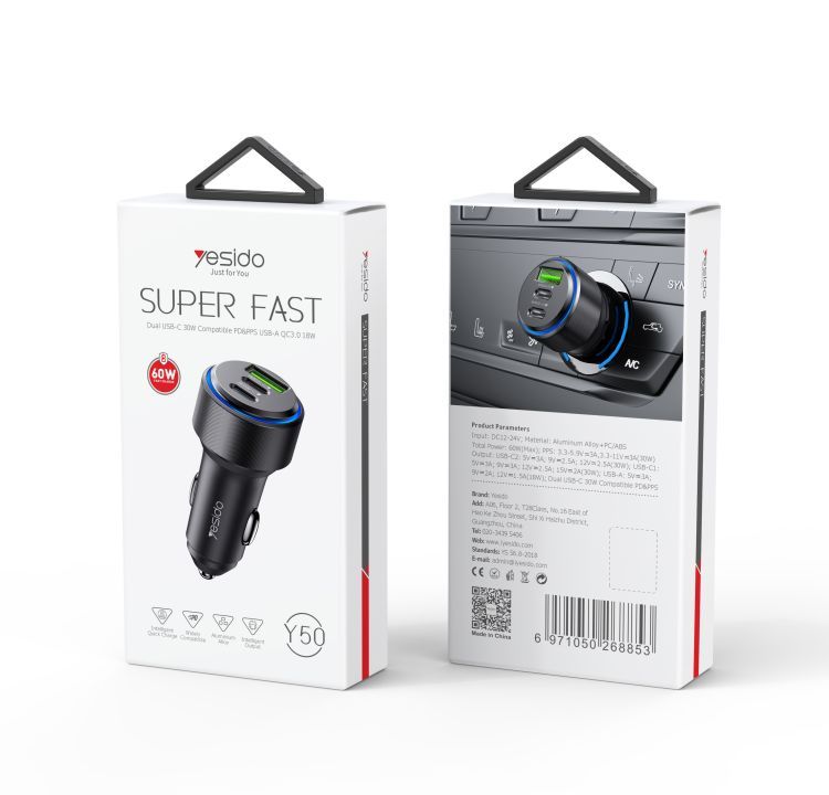 Y50 60W 3 Ports Fast Charging Car Charger Packaging