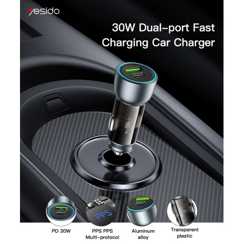 Y49 Transparent Shell Car Charger | PD 33W Type-C + QC 30W USB 2 Ports Fast Charging Car Charger