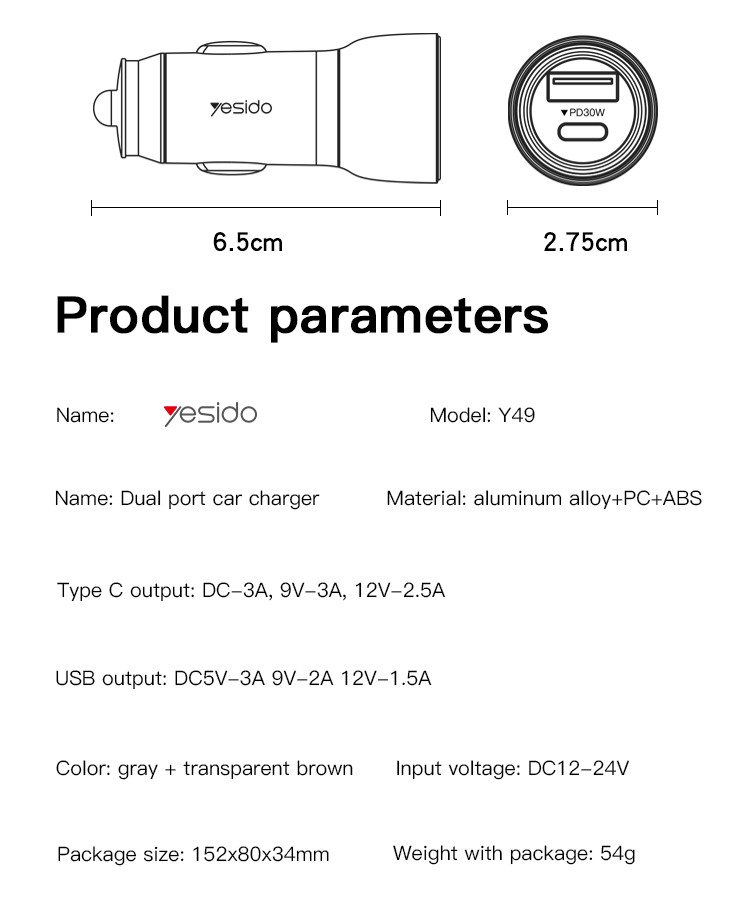 Y49 2 Ports Transparent Shell Car Charger Parameter