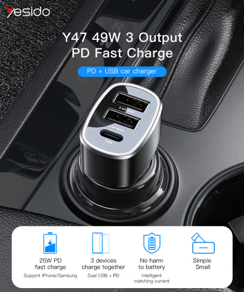 Y47 3 Ports USB And Type-C PD 25W Total 49W Multifunction Car Charger