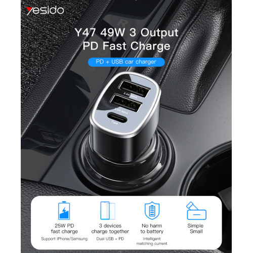 Y47 3 Ports USB And Type-C PD 25W Total 49W Multifunction Car Charger