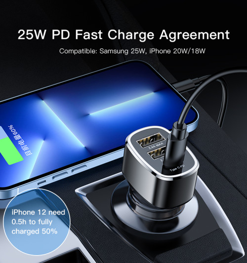 Y47 3 Ports USB And Type-C PD 25W Total 49W Multifunction Car Charger