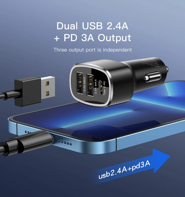 Détails du chargeur de voiture à charge rapide Y47 à 3 ports