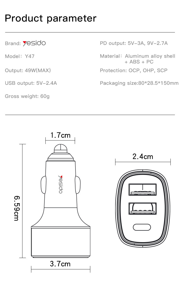 Y47 3 Ports Fast Charging Car Charger Parameter