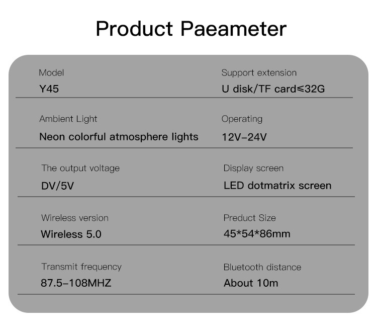 Y45 Bluetooth To FM Convert 43W Fast Charging Car Charger Parameter