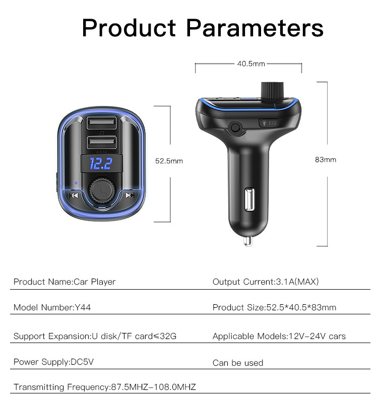 Y44 Bluetooth To FM Convert Car Charger Parameter