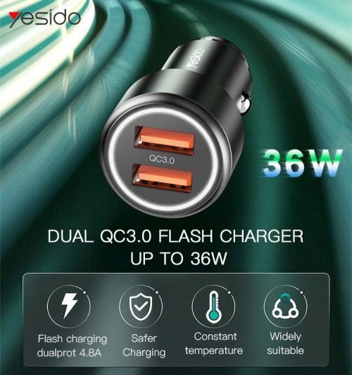Y43 36W Dual Qc 3.0 Car Super Fast Usb Charger Dual Quick 2 Port Usb Car Charger Adapter