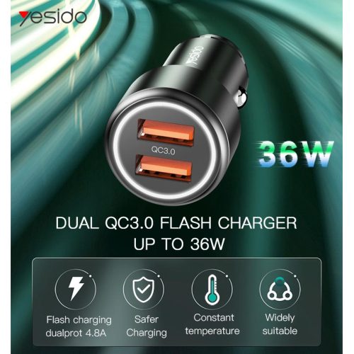 Y43 36W Dual Qc 3.0 Car Super Fast Usb Charger Dual Quick 2 Port Usb Car Charger Adapter