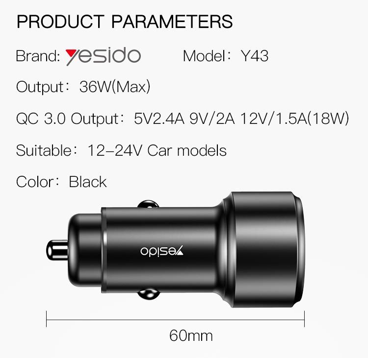 Y43 Dual Ports QC3.0 Fast Charging Car Charger Parameter