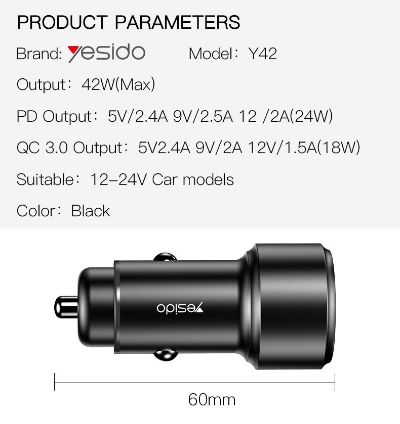 Y42 QC 3.0+PD 42W Fast Charging Car Charger Parameter