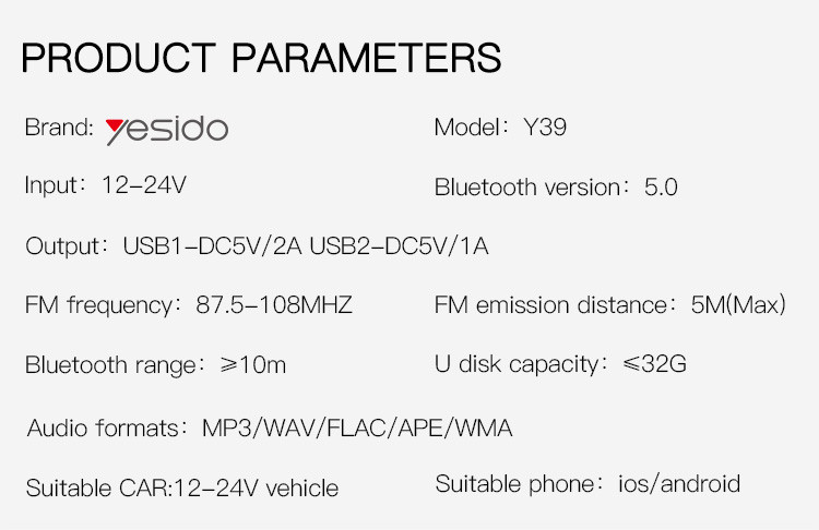 Y39 FM Bluetooth Received Car Charger Parameter