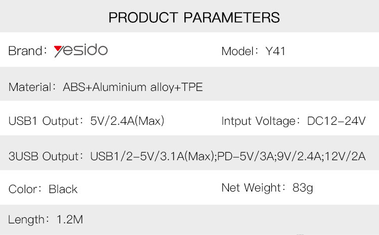 Y41 Multi Ports Fast Charging Car Charger Parameter