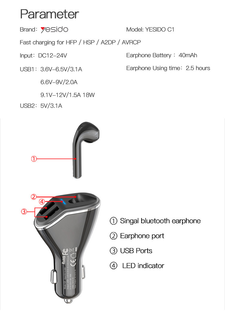 Y37 Fast Charging Car Charger With Bluetooth Earphone Parameter